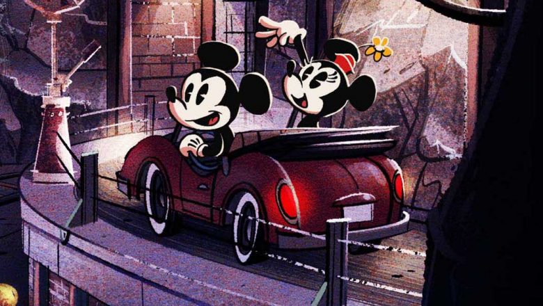 Mickey e Minnie, em desenho animado, dentro de um carro