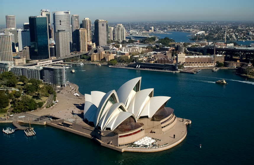 NSW Sydney Australia aerial of city skyline with Circular Quay opera house and sydney harbour bridge 2004
