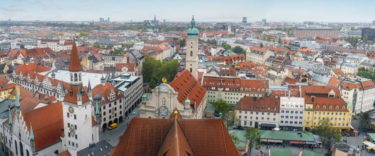 Panoramic aerial view of Munich with Old Town Hall (Altes Rathau